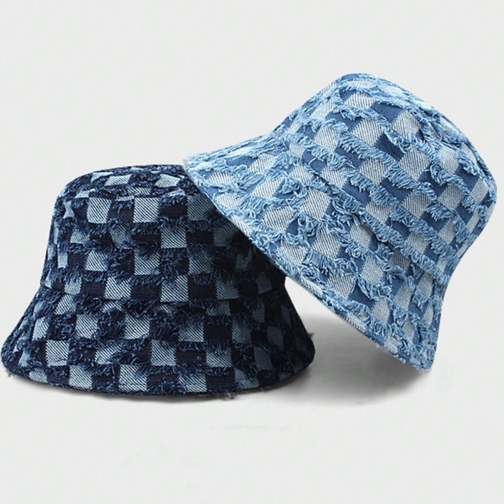 Frayed Checkered Denim Jean Bucket Hat